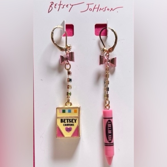 Betsey Johnson Pink Crayon & Crayon Box Mismatched Dangle Earrings-Teacher gift - Picture 1 of 7